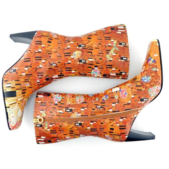 Icon Leather Boots "The Kiss" Art Design High Ankle Booties 9.5 M MADE IN ITALY - Picture 4 of 4